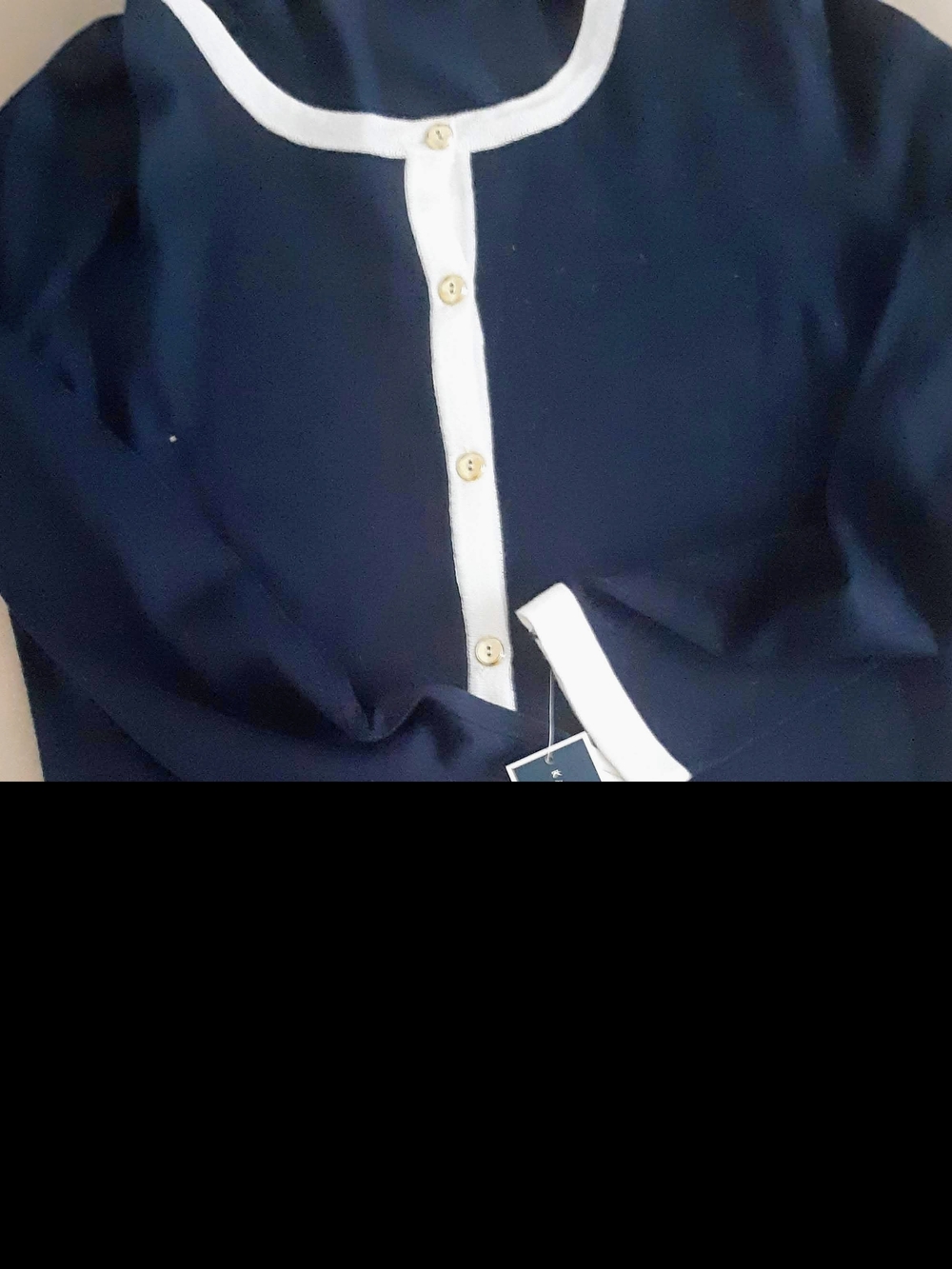 Navy Cardigan with White Trim and Gold Buttons